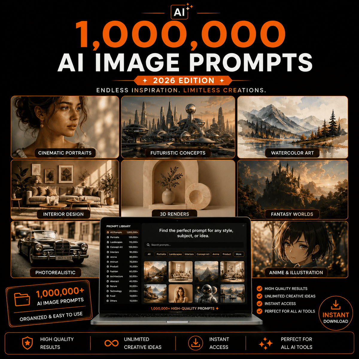 أكثر من 1,000,000 مطالبة لإنشاء صور بالذكاء الاصطناعي + أكثر من 150,000 مطالبة لـ ChatGPT - الانتقال الكامل