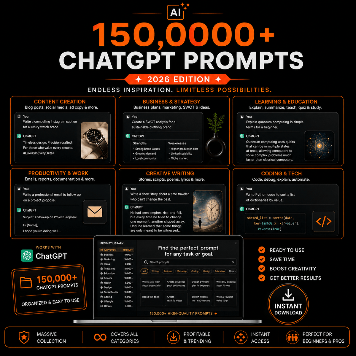 أكثر من 1,000,000 مطالبة لإنشاء صور بالذكاء الاصطناعي + أكثر من 150,000 مطالبة لـ ChatGPT - الانتقال الكامل