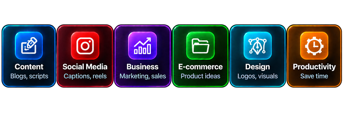 Content: blogs and scripts. Social Media: captions and reels. Business: marketing and sales. E-commerce: product ideas. Design: logos and visuals. Productivity: save time.