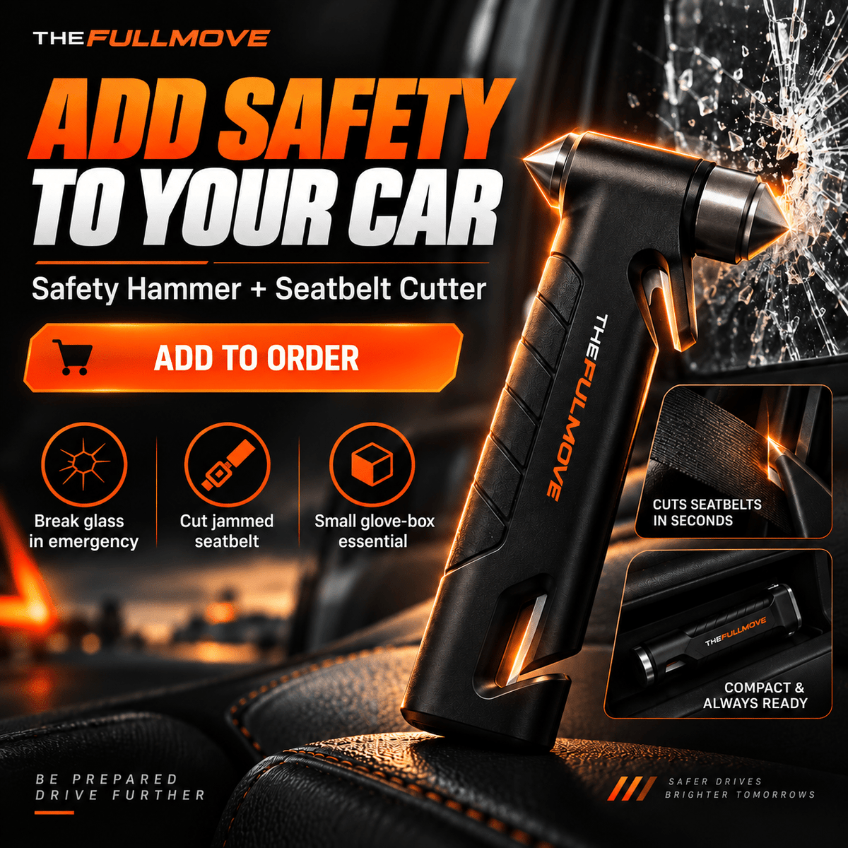 Car Emergency Safety Hammer + Seatbelt Cutter - The Full Move