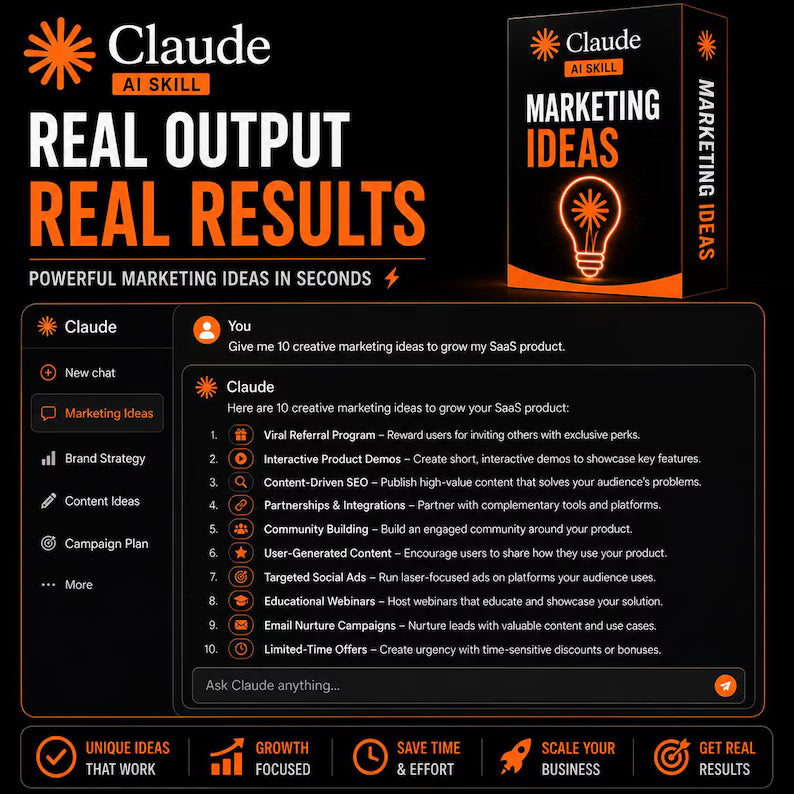 Claude AI Skill Marketing Ideas, Marketing Strategy, Growth Ideas, SaaS Marketing, Business Growth, Marketing Tactics, Startup Marketing