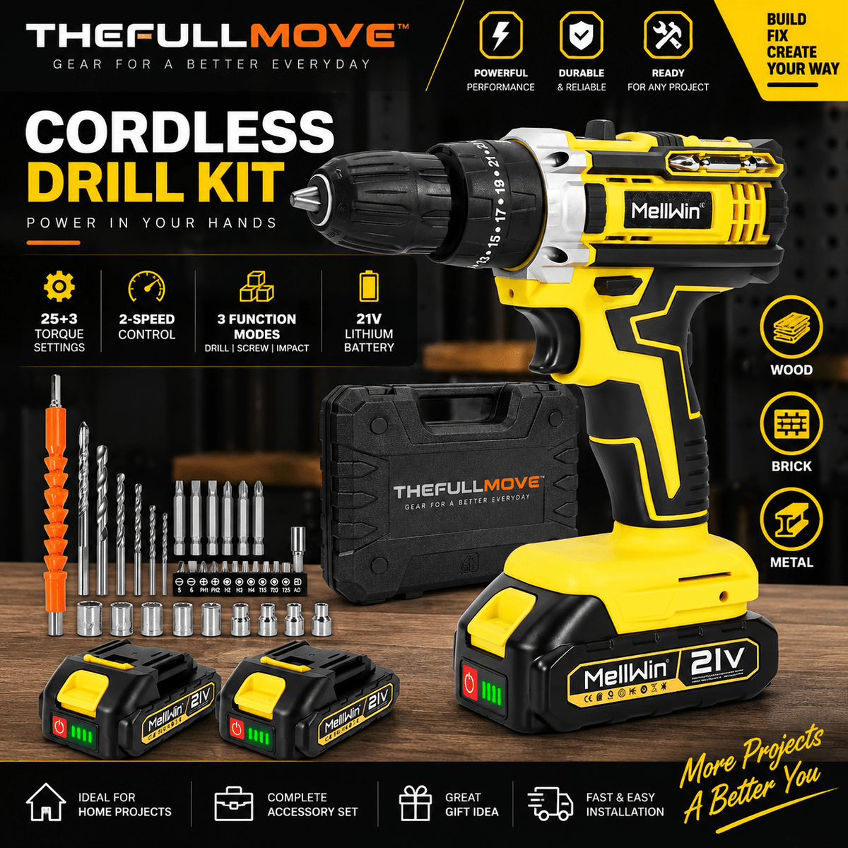 THEFULLMOVE™ 3-in-1 21V Cordless Impact Drill Kit – 25+3 Torque, 2-Speed - The Full Move
