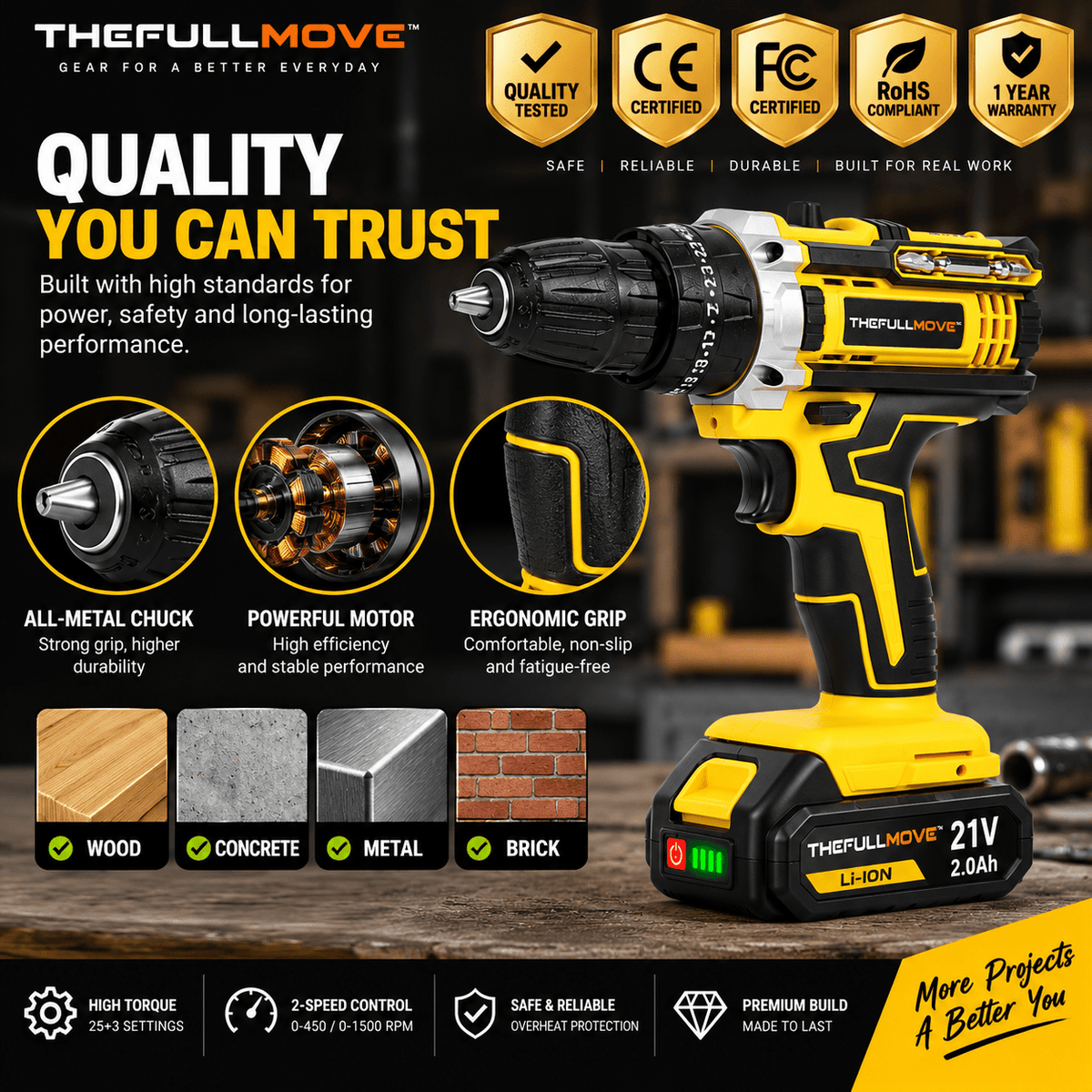 THEFULLMOVE™ 3-in-1 21V Cordless Impact Drill Kit – 25+3 Torque, 2-Speed - The Full Move