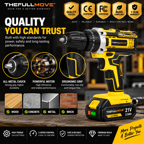 THEFULLMOVE™ 3-in-1 21V Cordless Impact Drill Kit – 25+3 Torque, 2-Speed - The Full Move