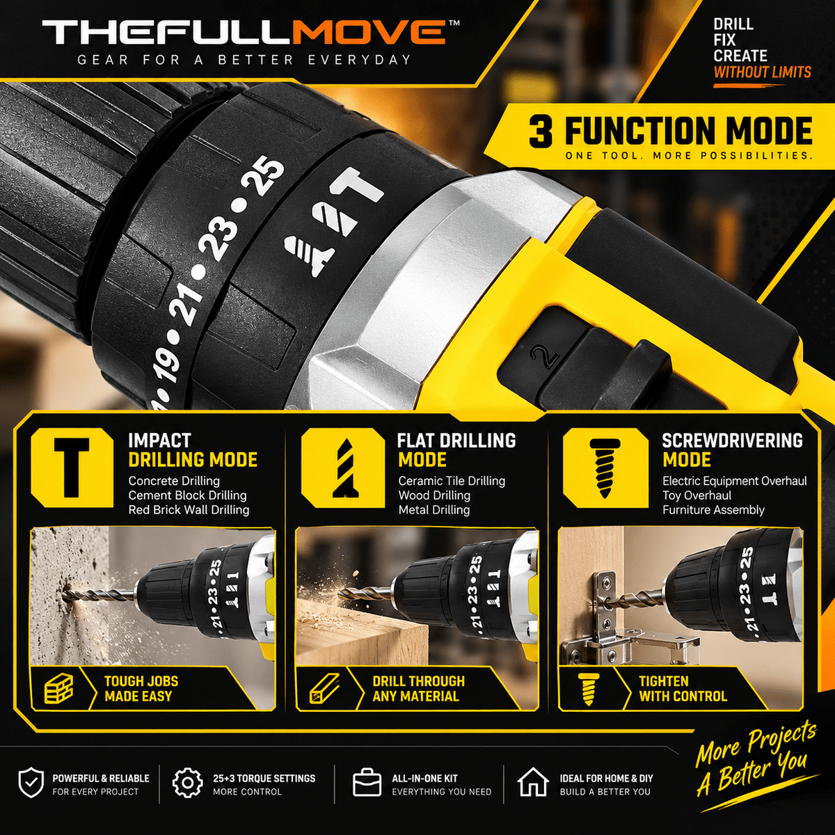 THEFULLMOVE™ 3-in-1 21V Cordless Impact Drill Kit – 25+3 Torque, 2-Speed - The Full Move