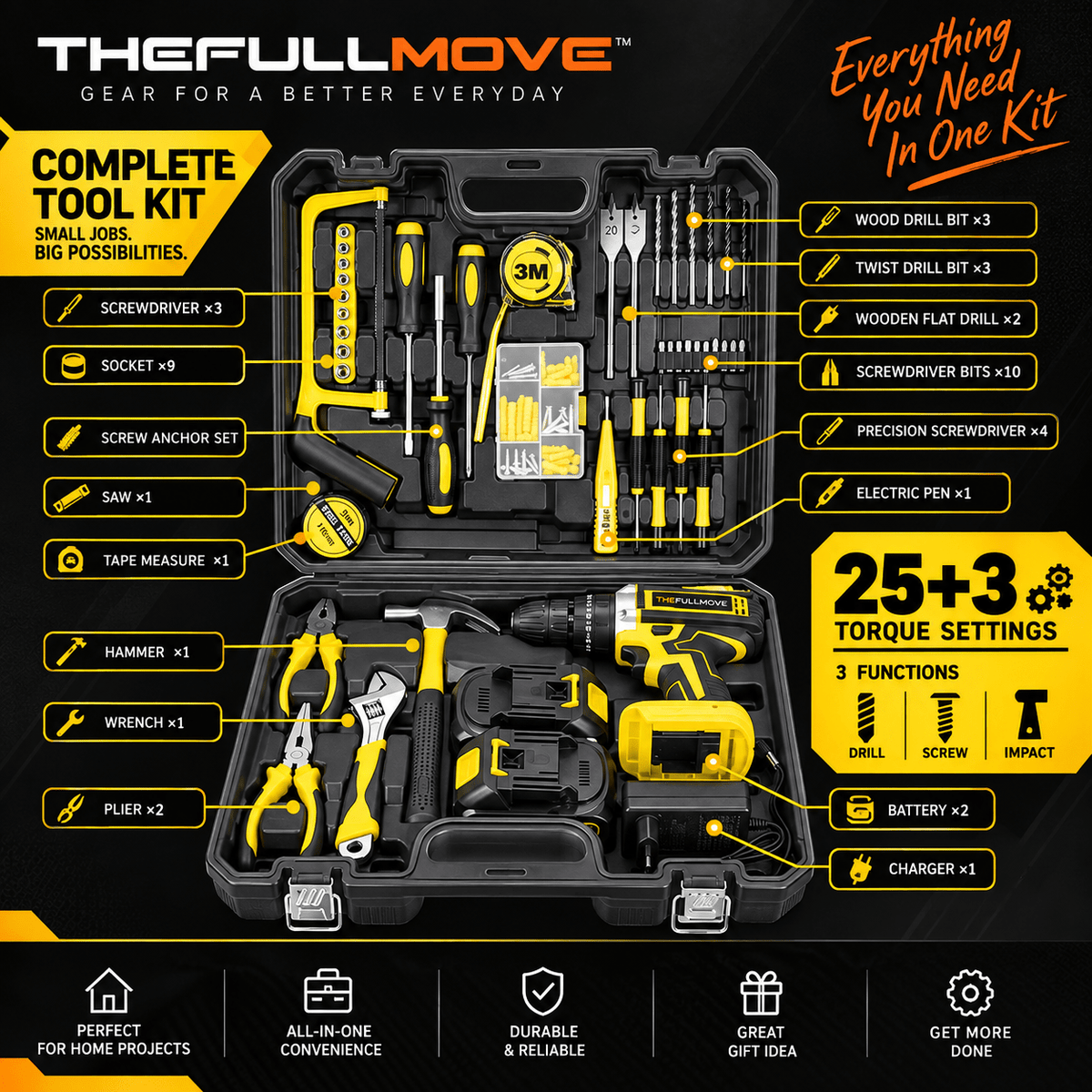THEFULLMOVE™ 3-in-1 21V Cordless Impact Drill Kit – 25+3 Torque, 2-Speed - The Full Move