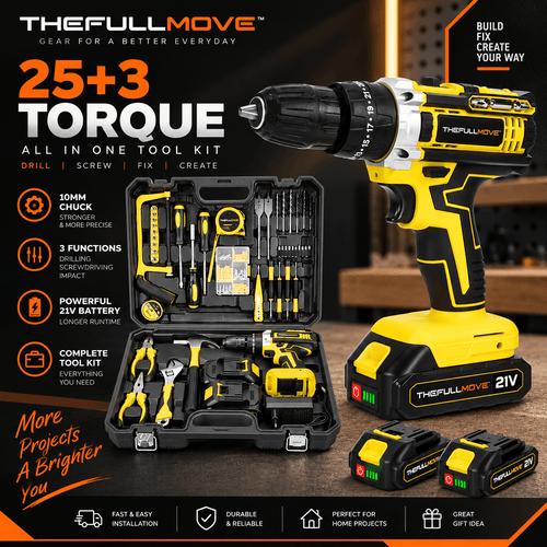 THEFULLMOVE™ 3-in-1 21V Cordless Impact Drill Kit – 25+3 Torque, 2-Speed - The Full Move