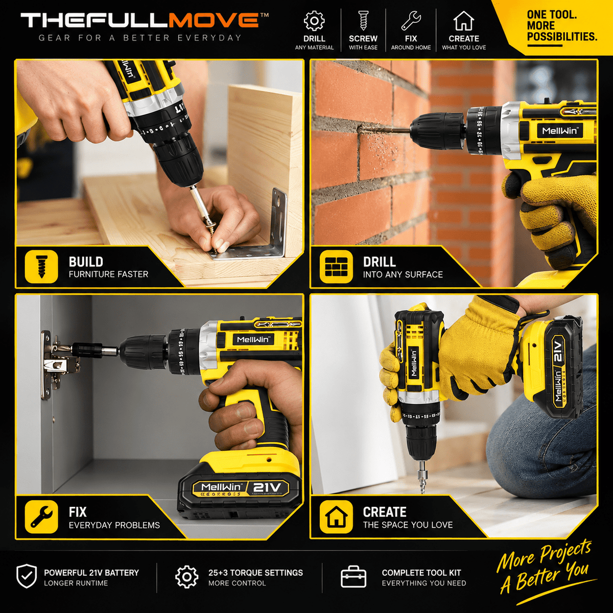 THEFULLMOVE™ 3-in-1 21V Cordless Impact Drill Kit – 25+3 Torque, 2-Speed - The Full Move