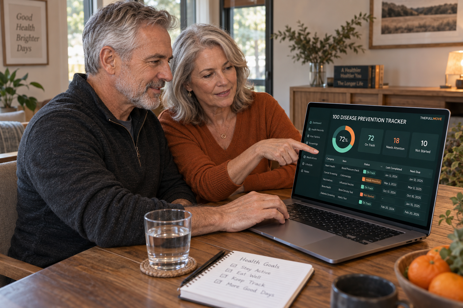 AI-generated illustration of a man and woman over 50 reviewing the health tracker together on a laptop